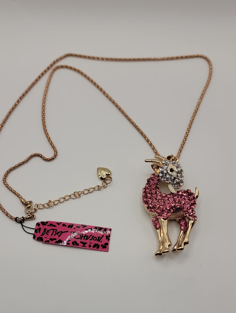 Betsey Johnson Gold-Tone Pink Crystal Fawn Necklace 28" Chain